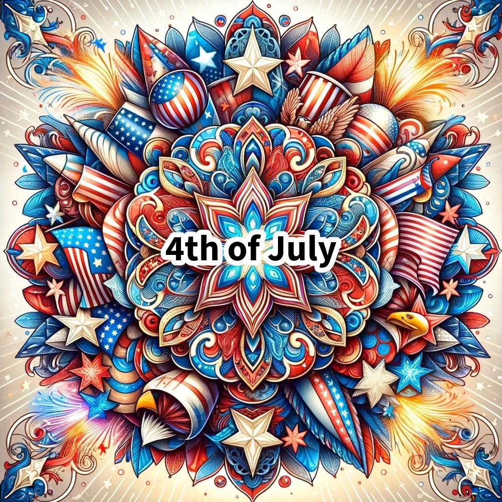Printable 4th of July mandala outline with eagles, stars, and fireworks in traditional mandala style.