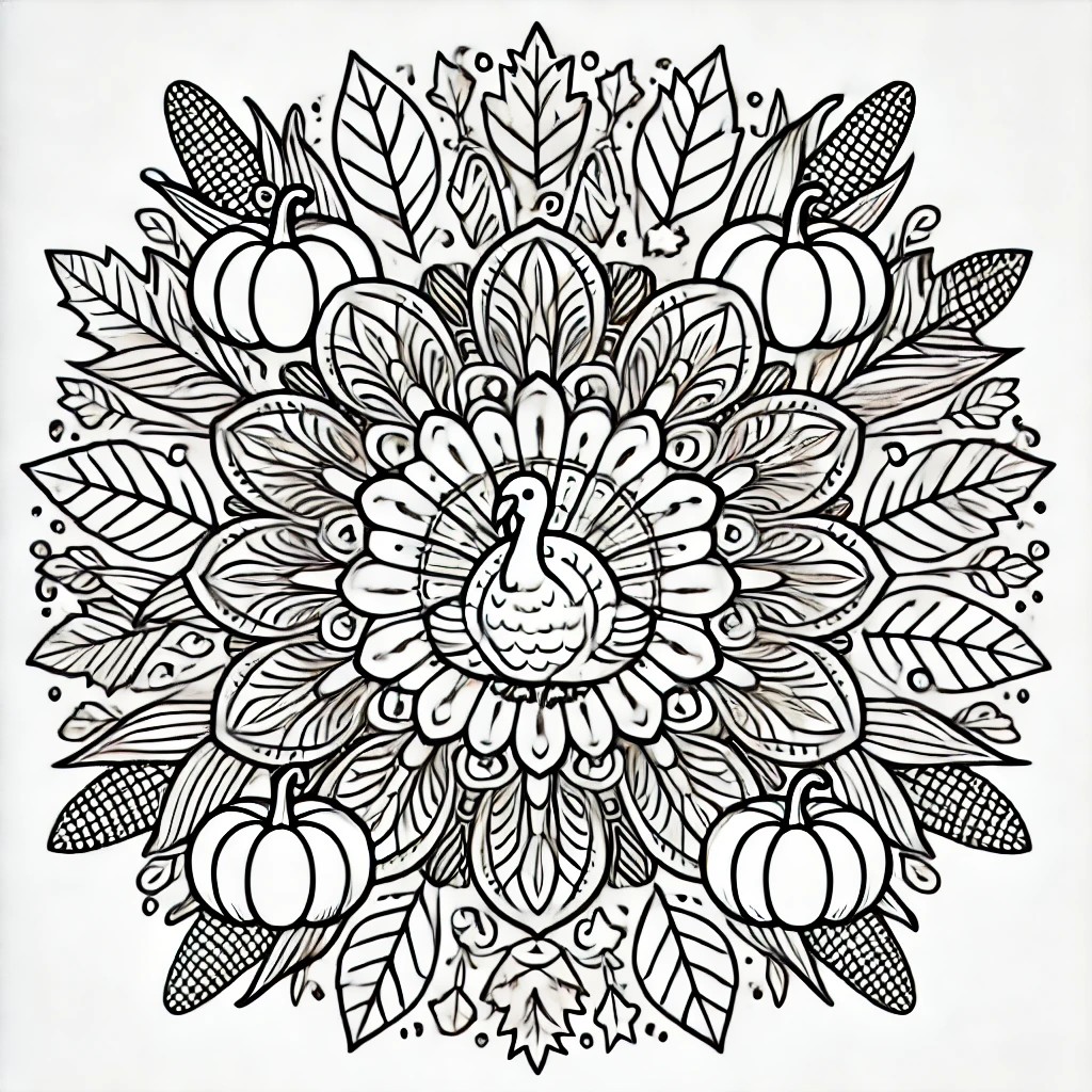 Printable Thanksgiving mandala outline with turkeys, pumpkins, and harvest symbols for kids and adults to color.