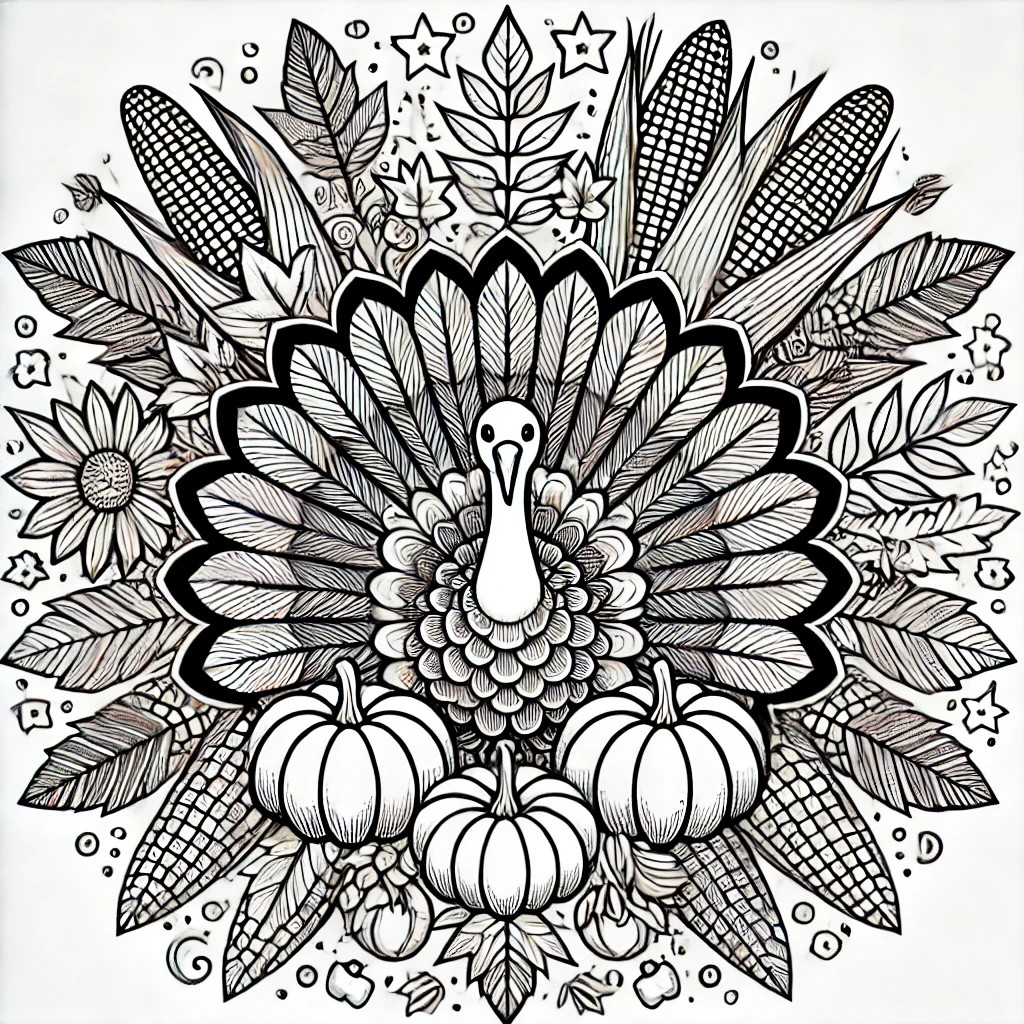 Detailed Thanksgiving mandala design with festive patterns of corn, leaves, and pumpkins in traditional mandala style.