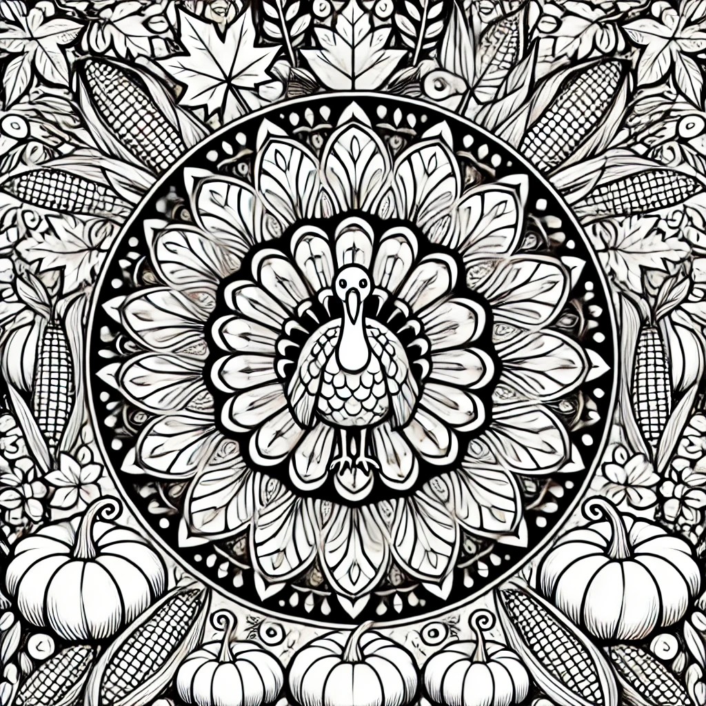 Printable Thanksgiving mandala outline with turkeys, pumpkins, and harvest symbols for kids and adults to color.