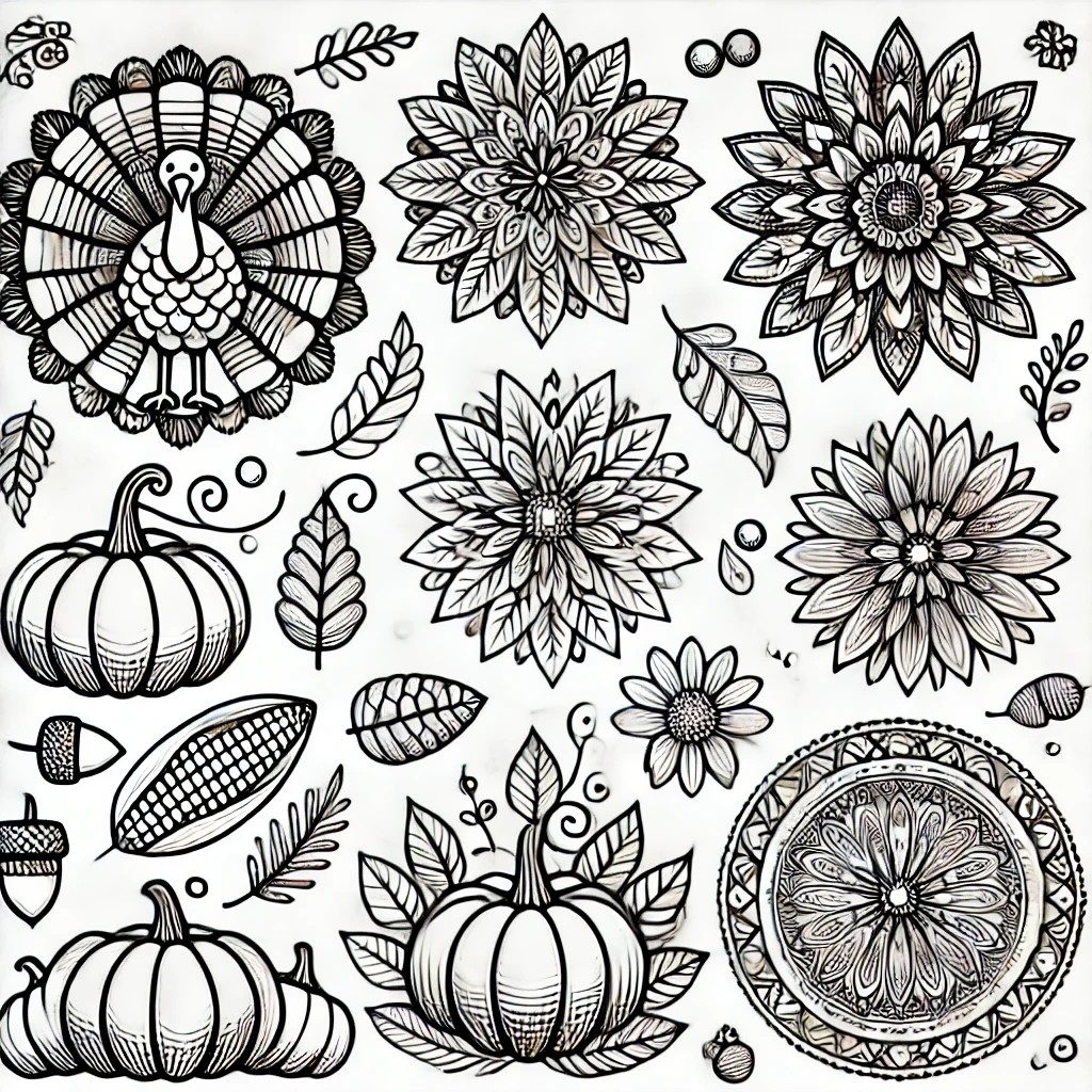 Intricate Thanksgiving mandala featuring cornucopias, acorns, and fall leaves arranged in a detailed pattern.