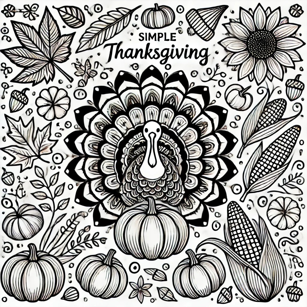 Black-and-white Thanksgiving mandala featuring autumn leaves, gourds, and turkey feathers in a circular arrangement.