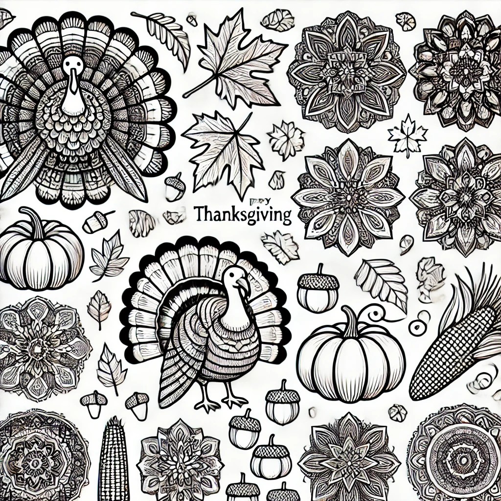 Intricate Thanksgiving mandala featuring cornucopias, acorns, and fall leaves arranged in a detailed pattern.