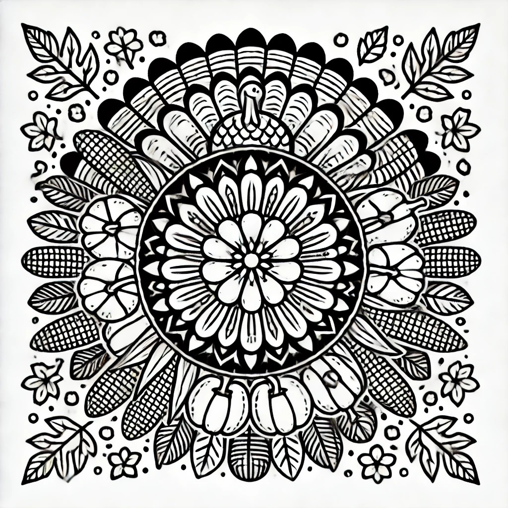 Black and white Thanksgiving mandala with turkeys, pumpkins, and autumn leaves in a symmetrical circular design