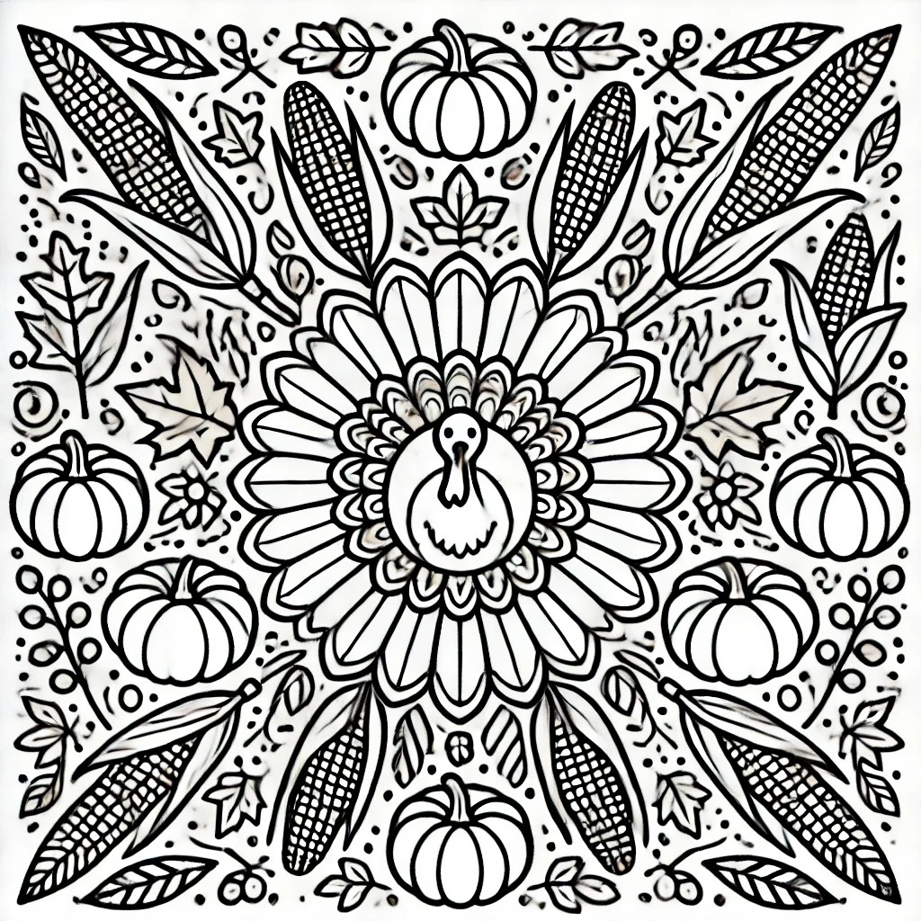 Black and white Thanksgiving mandala with turkeys, pumpkins, and autumn leaves in a symmetrical circular design