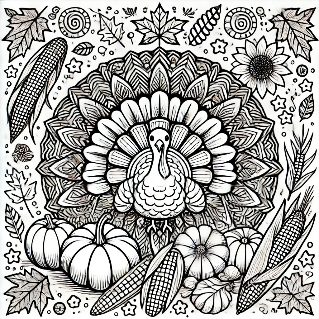 Black and white Thanksgiving mandala with turkeys, pumpkins, and autumn leaves in a symmetrical circular design