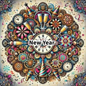 Black and white New Year mandala with a central clock striking midnight, surrounded by fireworks and stars.