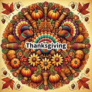 Black and white Thanksgiving mandala with turkeys, pumpkins, and autumn leaves in a circular design.