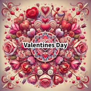 Romantic Valentine’s mandala design with heart-shaped patterns, ribbons, and floral details.