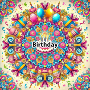 Black and white birthday mandala with cake, candles, balloons, and presents in a circular design.