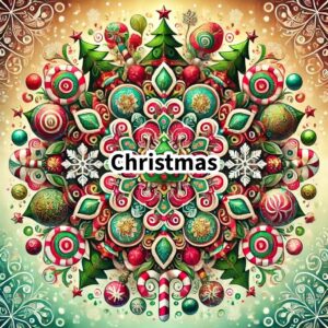 Black-and-white Christmas mandala with stockings, gifts, and holly leaves—perfect for holiday coloring fun.