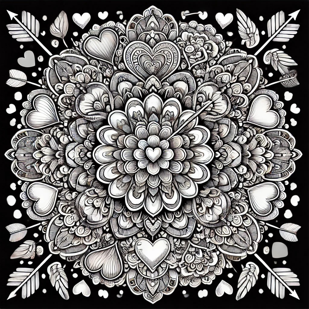 Romantic Valentine’s mandala featuring roses, ribbons, and intertwined hearts in a detailed design.