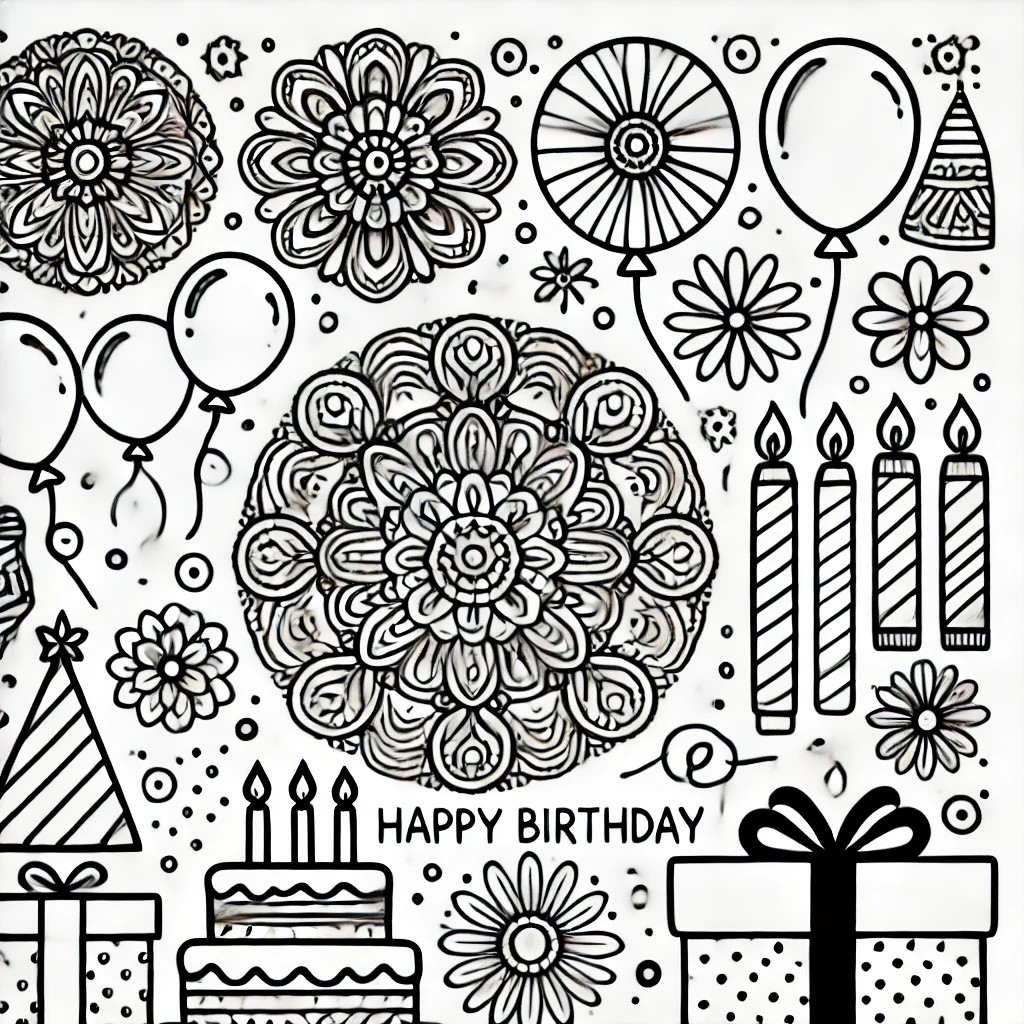 Black-and-white birthday mandala featuring cakes, balloons, and presents in a traditional mandala style.