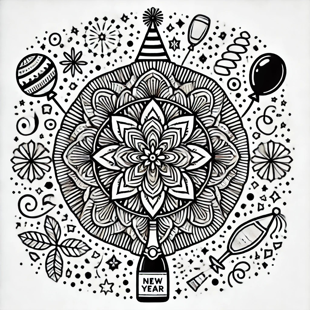 Black and white New Year mandala with a central clock striking midnight, surrounded by fireworks and stars.