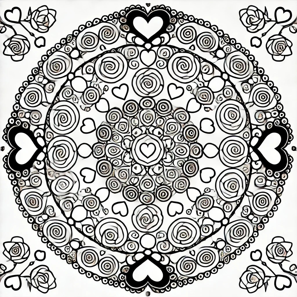 Printable Valentine’s Day mandala outline with hearts, flowers, and cupids arranged symmetrically.