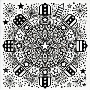 Festive 4th of July mandala outline with stars, stripes, and patriotic fireworks.