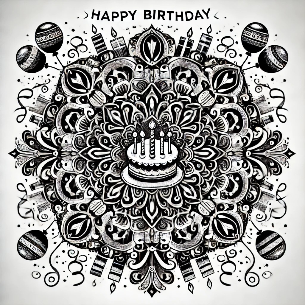 Detailed birthday mandala design with gift boxes, birthday hats, and decorative stars in a circular layout.