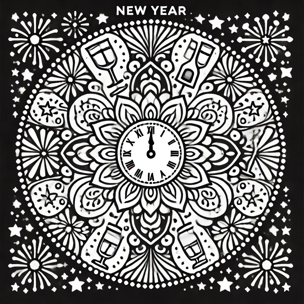 Black and white New Year mandala with a central clock striking midnight, surrounded by fireworks and stars.