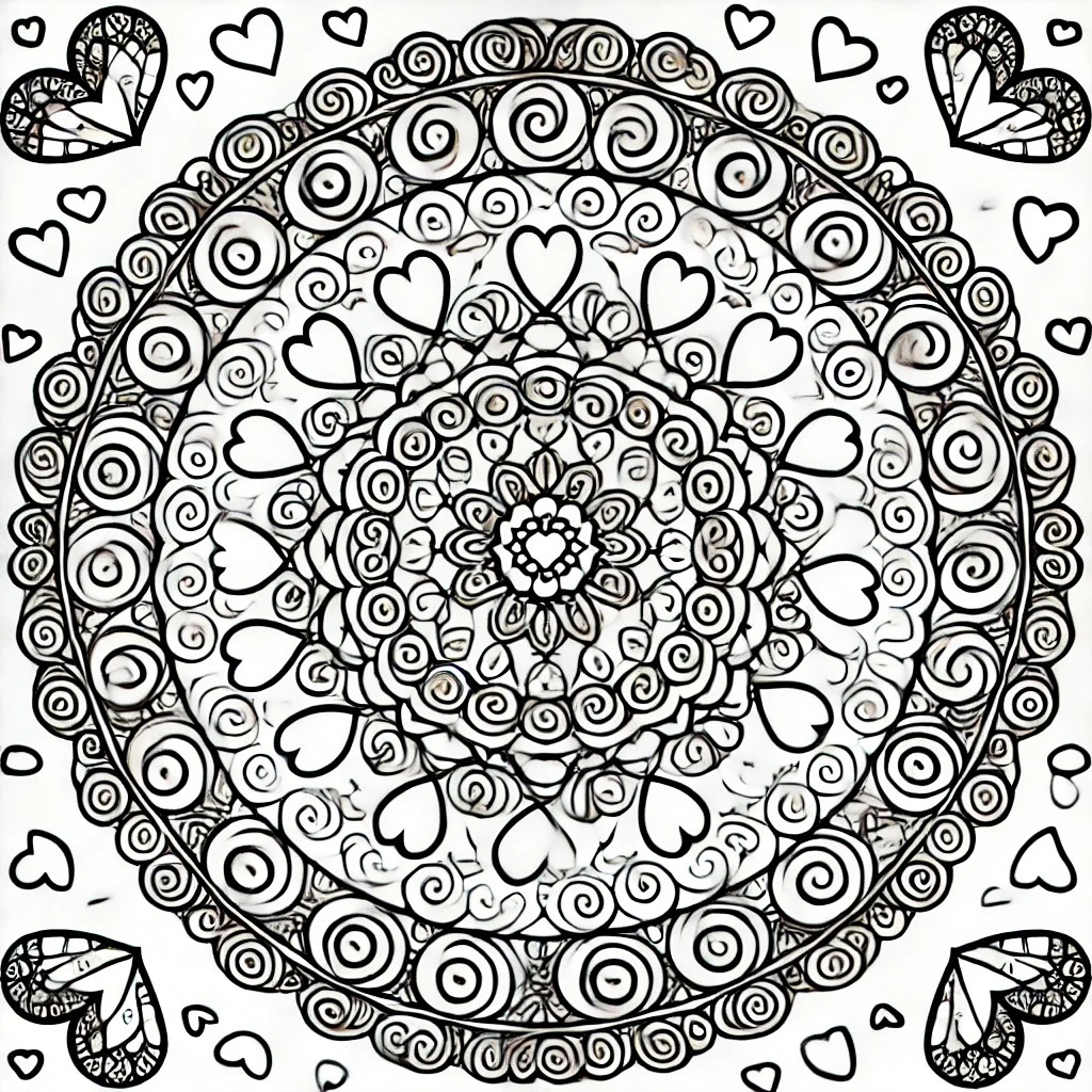 Printable Valentine’s Day mandala outline with hearts, flowers, and cupids arranged symmetrically.