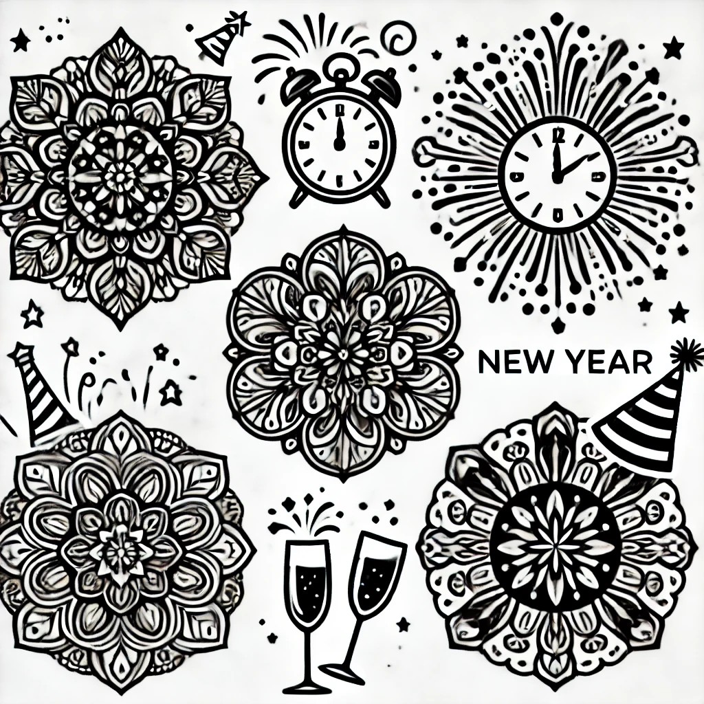 Black and white New Year mandala with a central clock striking midnight, surrounded by fireworks and stars.