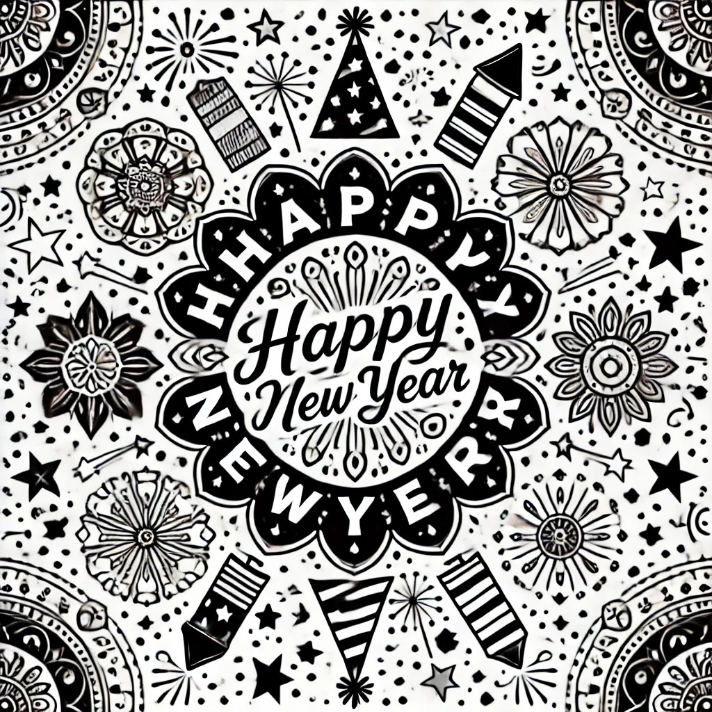 Intricate New Year mandala featuring champagne glasses, balloons, and streamers in a symmetrical circular design.