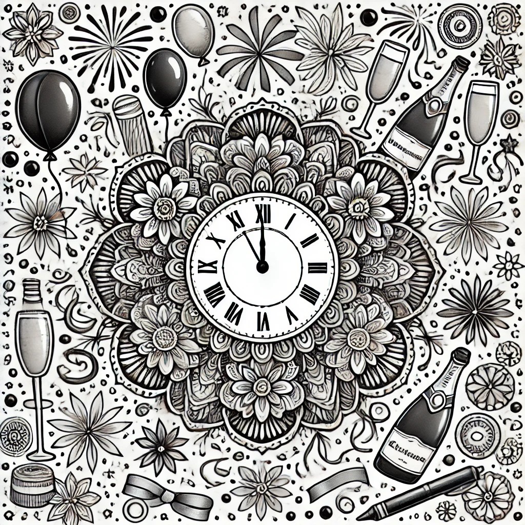 Intricate New Year mandala featuring champagne glasses, balloons, and streamers in a symmetrical circular design.