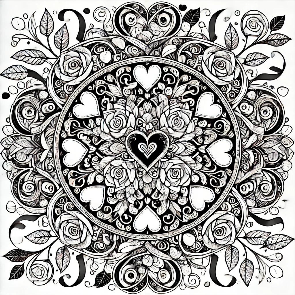 Romantic Valentine’s mandala featuring roses, ribbons, and intertwined hearts in a detailed design.