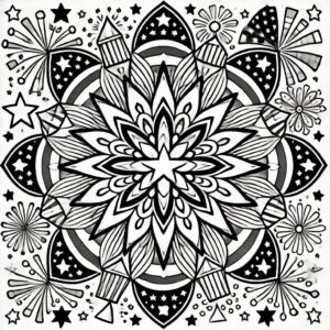 4th of July mandala with stars, fireworks, and stripes in a black-and-white circular design.