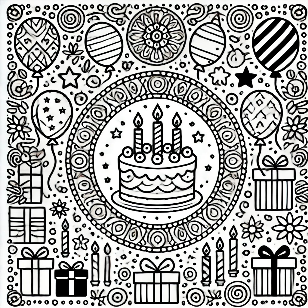 Black and white birthday mandala with a layered cake, candles, and balloons in a circular design.