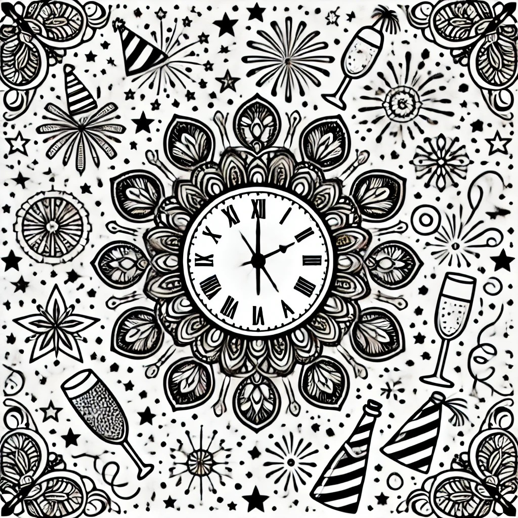 Intricate New Year mandala featuring champagne glasses, balloons, and streamers in a symmetrical circular design.