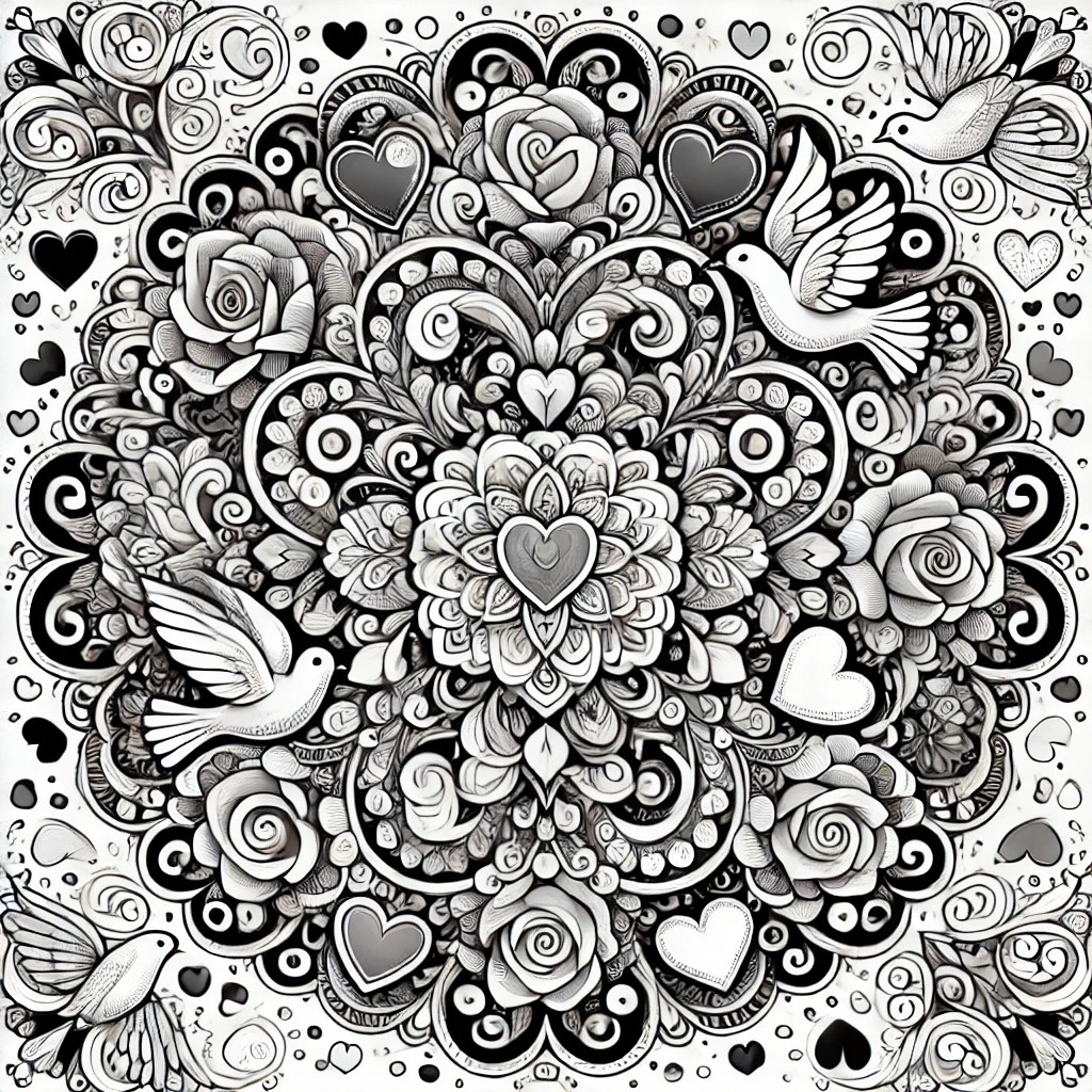 Black-and-white Valentine’s Day mandala with doves, hearts, and floral swirls for kids and adults to color.