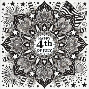 4th of July mandala with stars, fireworks, and stripes in a black-and-white circular design.
