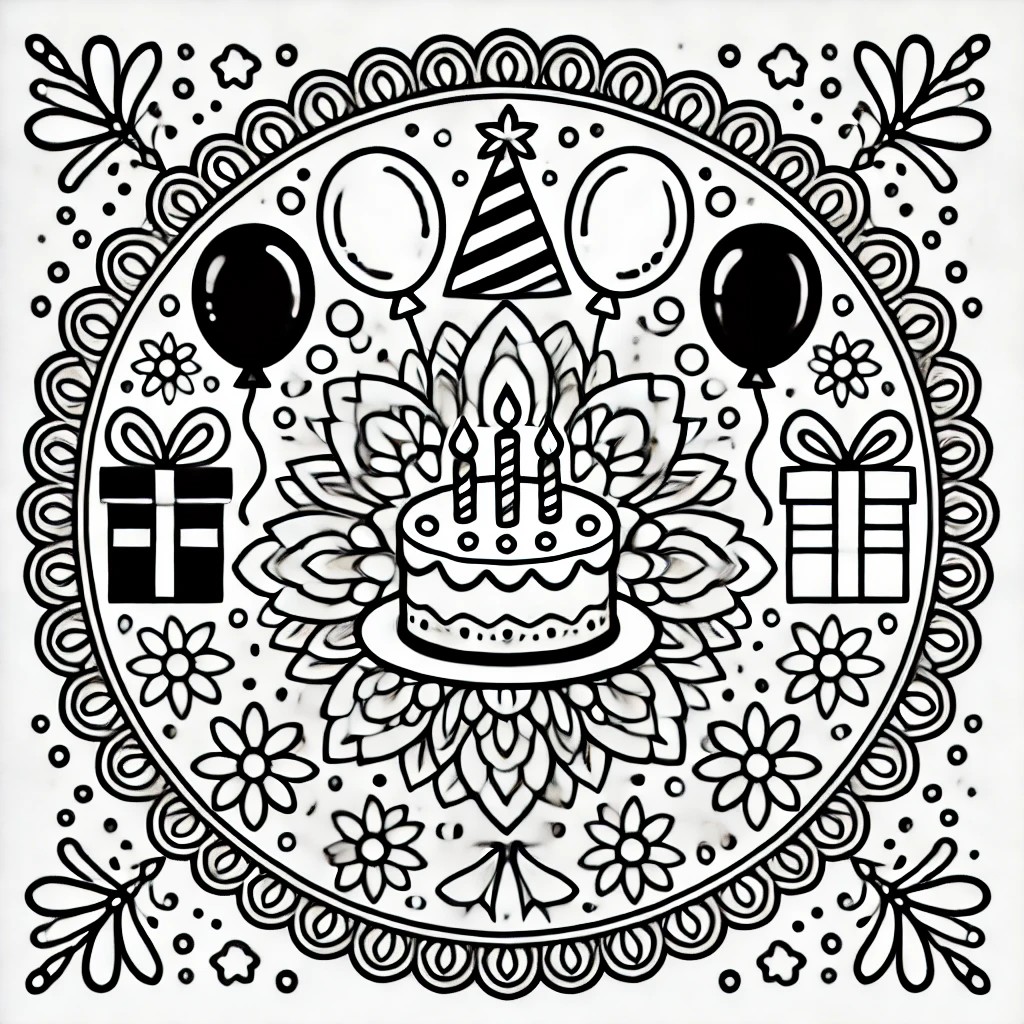 Black and white birthday mandala with a layered cake, candles, and balloons in a circular design.