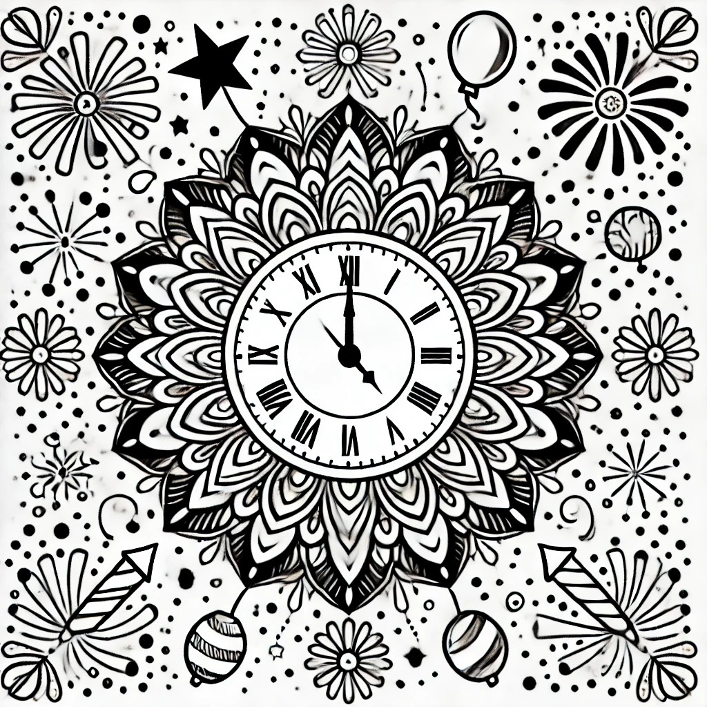 Printable New Year mandala outline with festive patterns of fireworks, party hats, and sparkling stars for coloring.