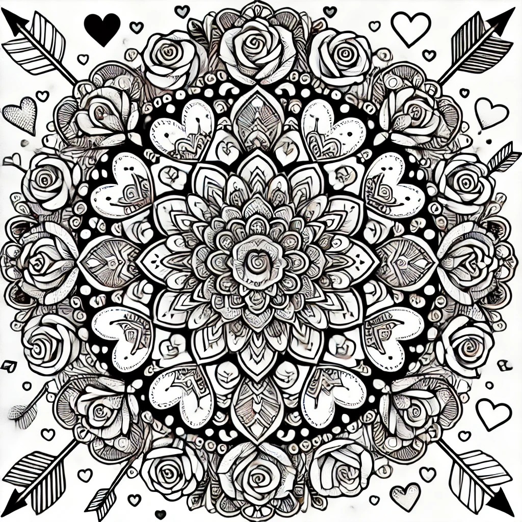 Black-and-white Valentine’s Day mandala with doves, hearts, and floral swirls for kids and adults to color.