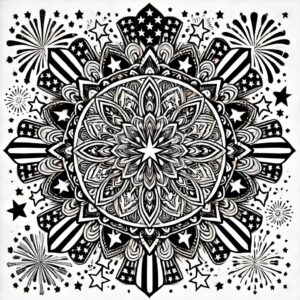 Detailed black-and-white mandala celebrating Independence Day with flag motifs and circular star patterns.