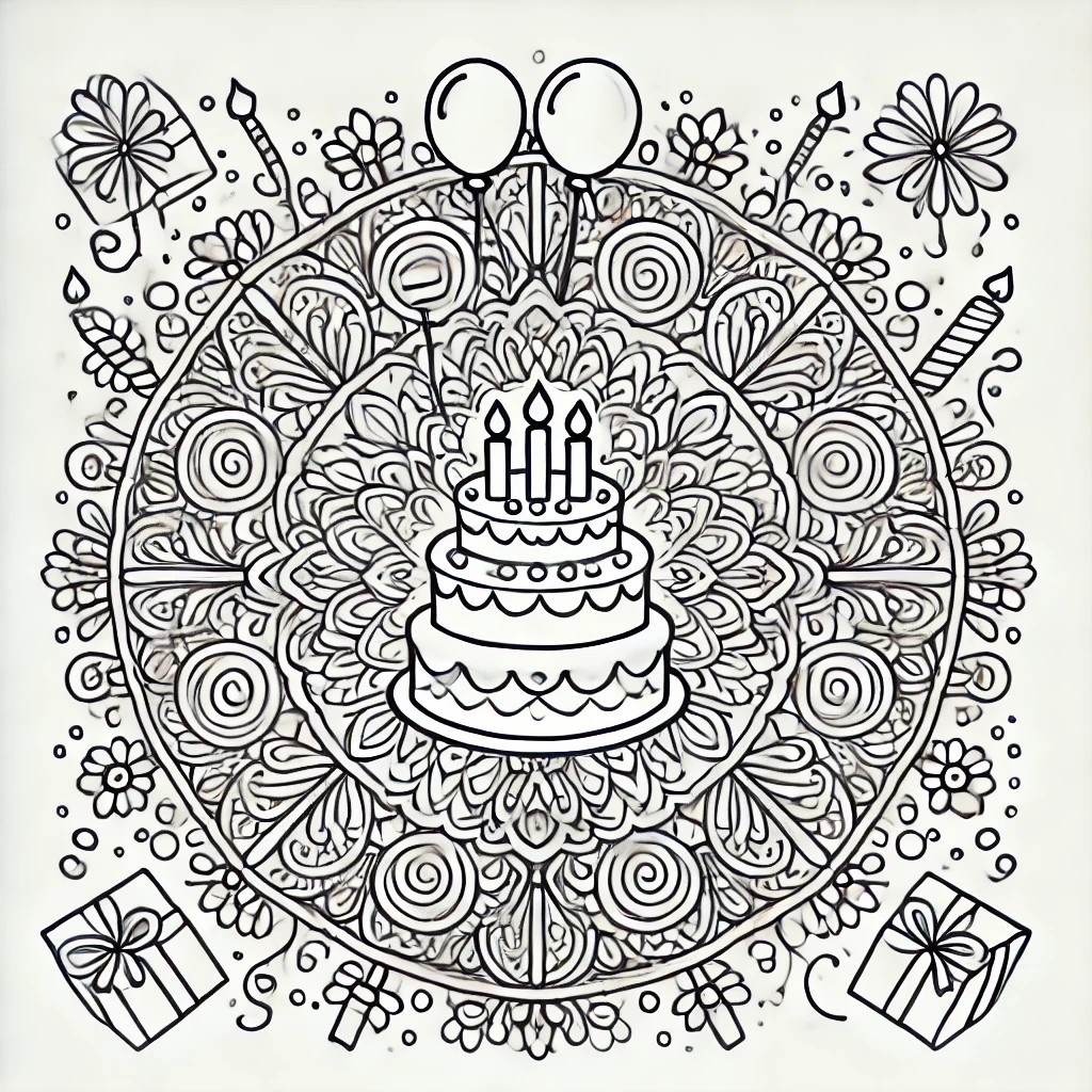 Black and white birthday mandala with a layered cake, candles, and balloons in a circular design.