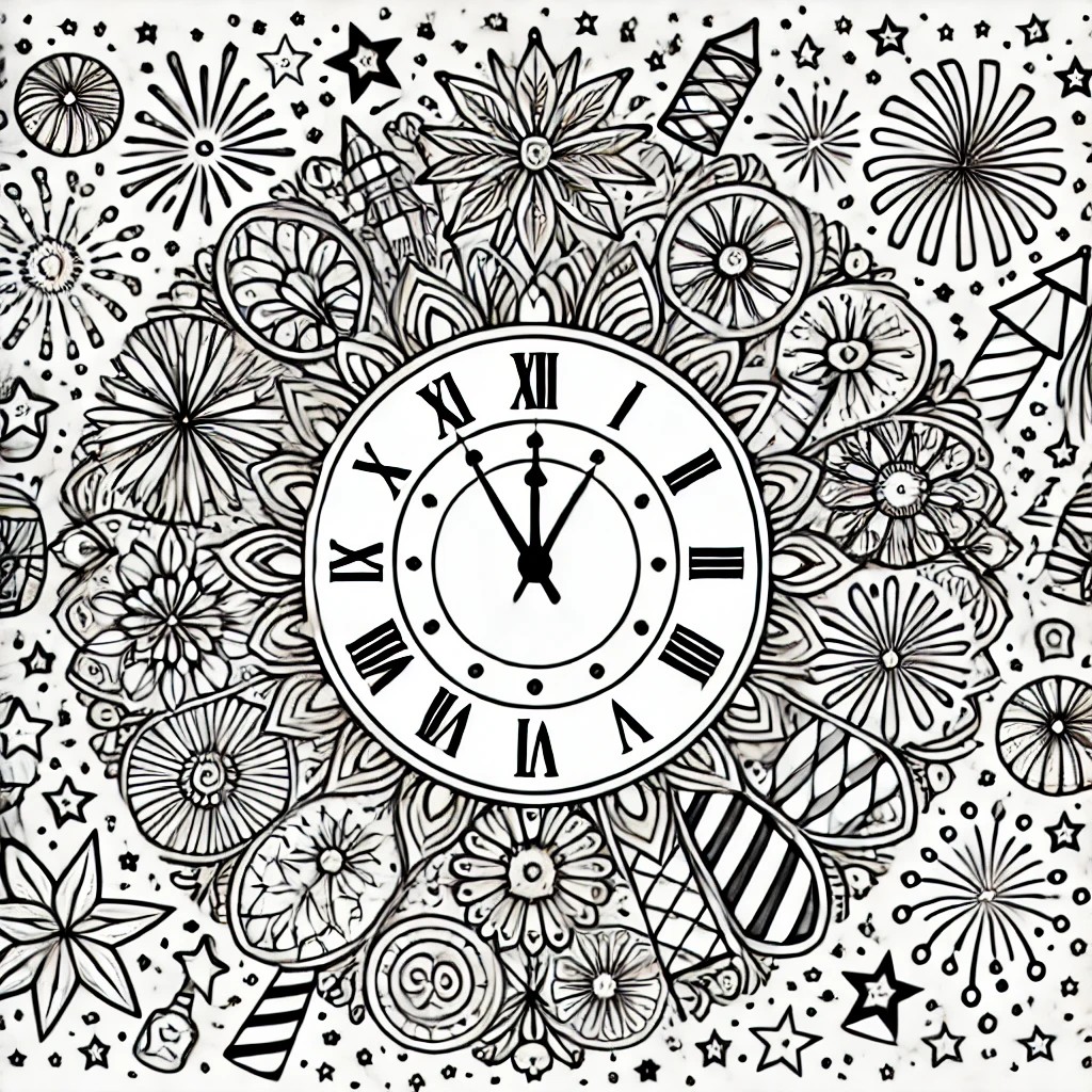 Printable New Year mandala outline with festive patterns of fireworks, party hats, and sparkling stars for coloring.