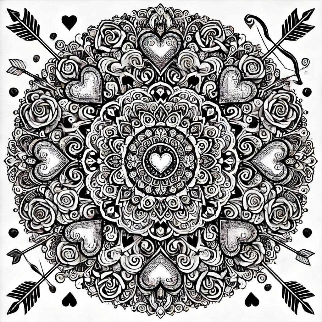 Black-and-white Valentine’s Day mandala with doves, hearts, and floral swirls for kids and adults to color.