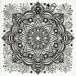 Patriotic mandala featuring the American flag, fireworks, and star patterns in symmetrical form.