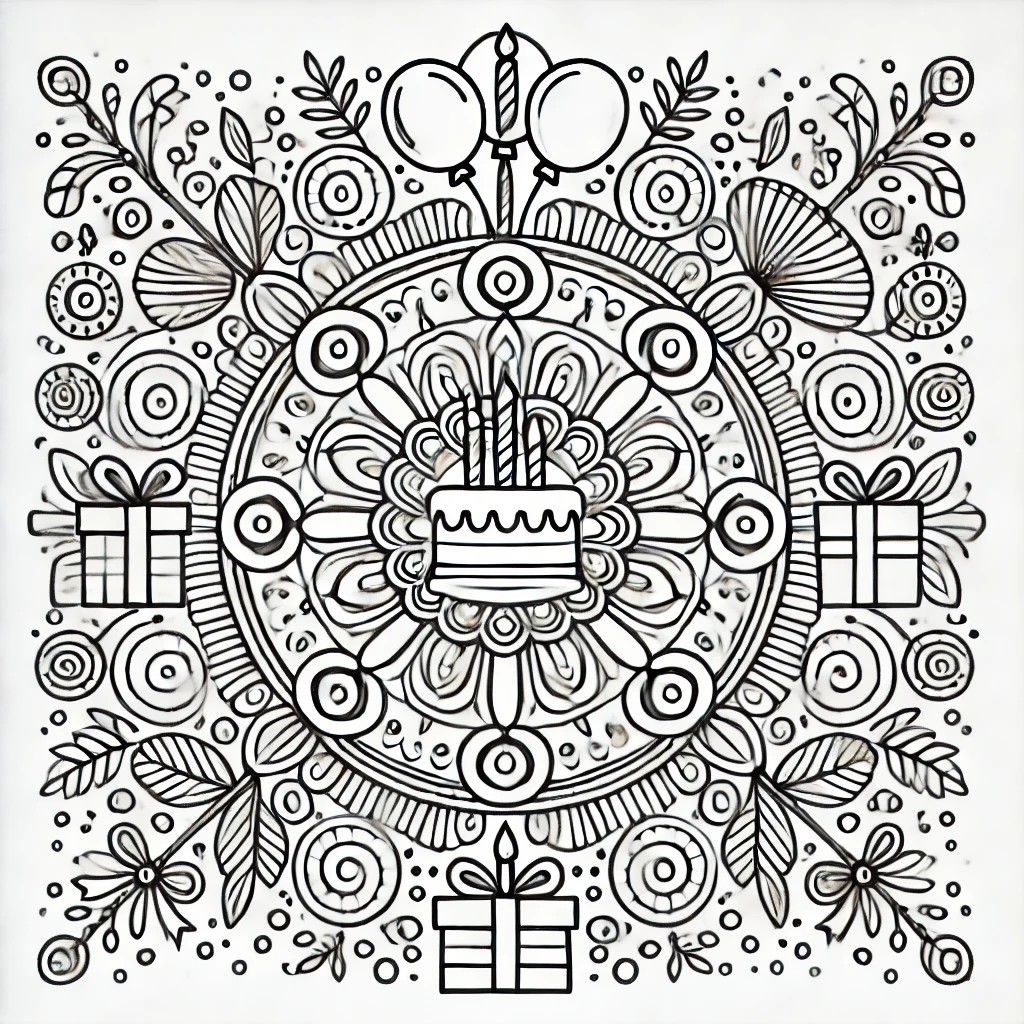 Intricate birthday mandala featuring presents, party hats, and streamers arranged symmetrically.