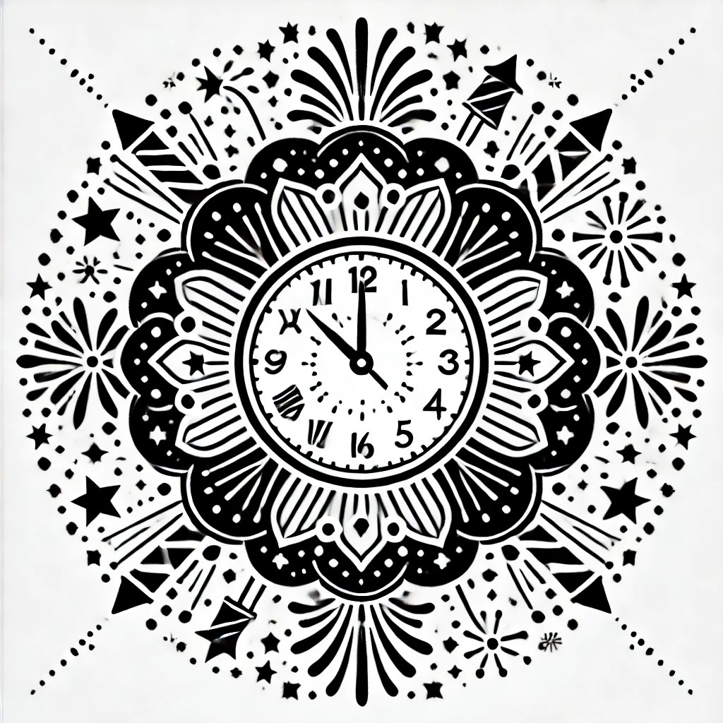 Detailed New Year mandala design with the words Happy New Year surrounded by clocks, fireworks, and confetti.