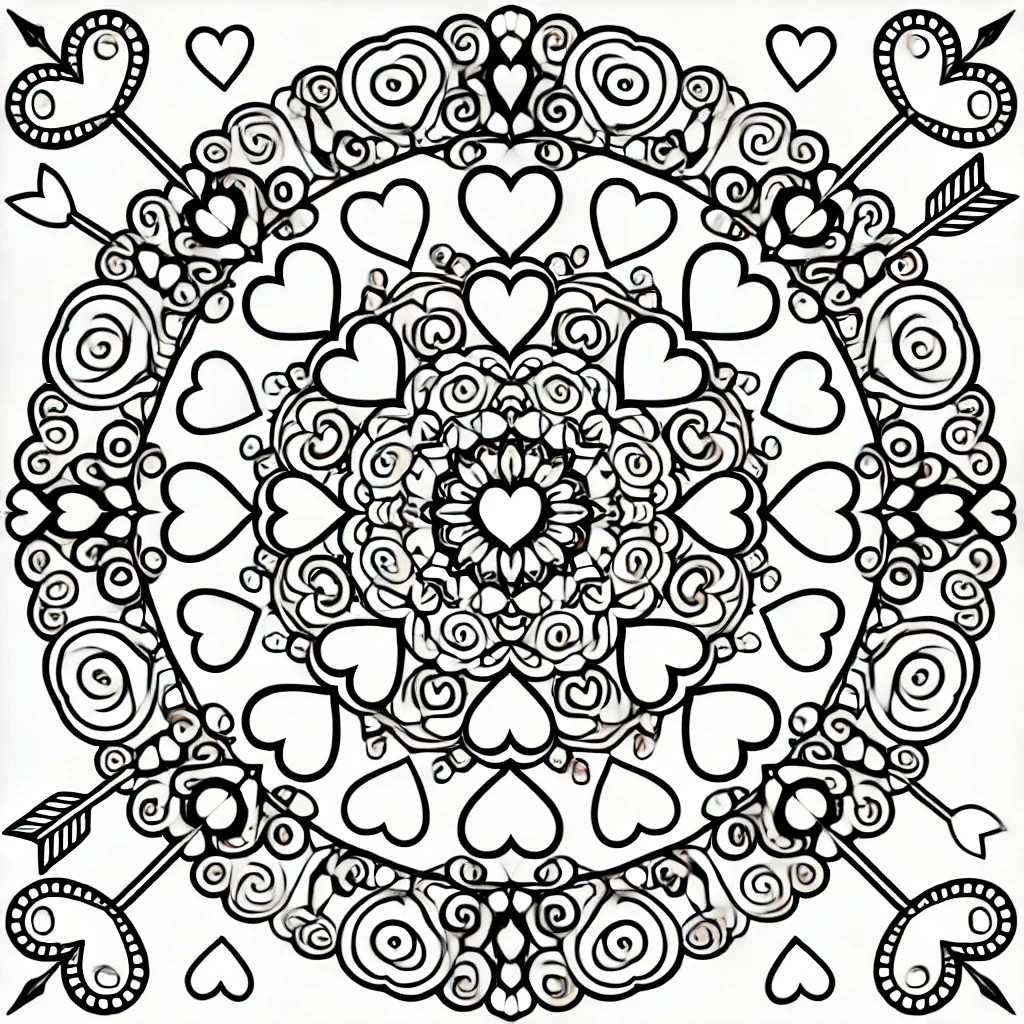 Black and white Valentine’s Day mandala with hearts, roses, and cupids in a circular pattern.