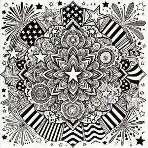 Patriotic mandala featuring the American flag, fireworks, and star patterns in symmetrical form.