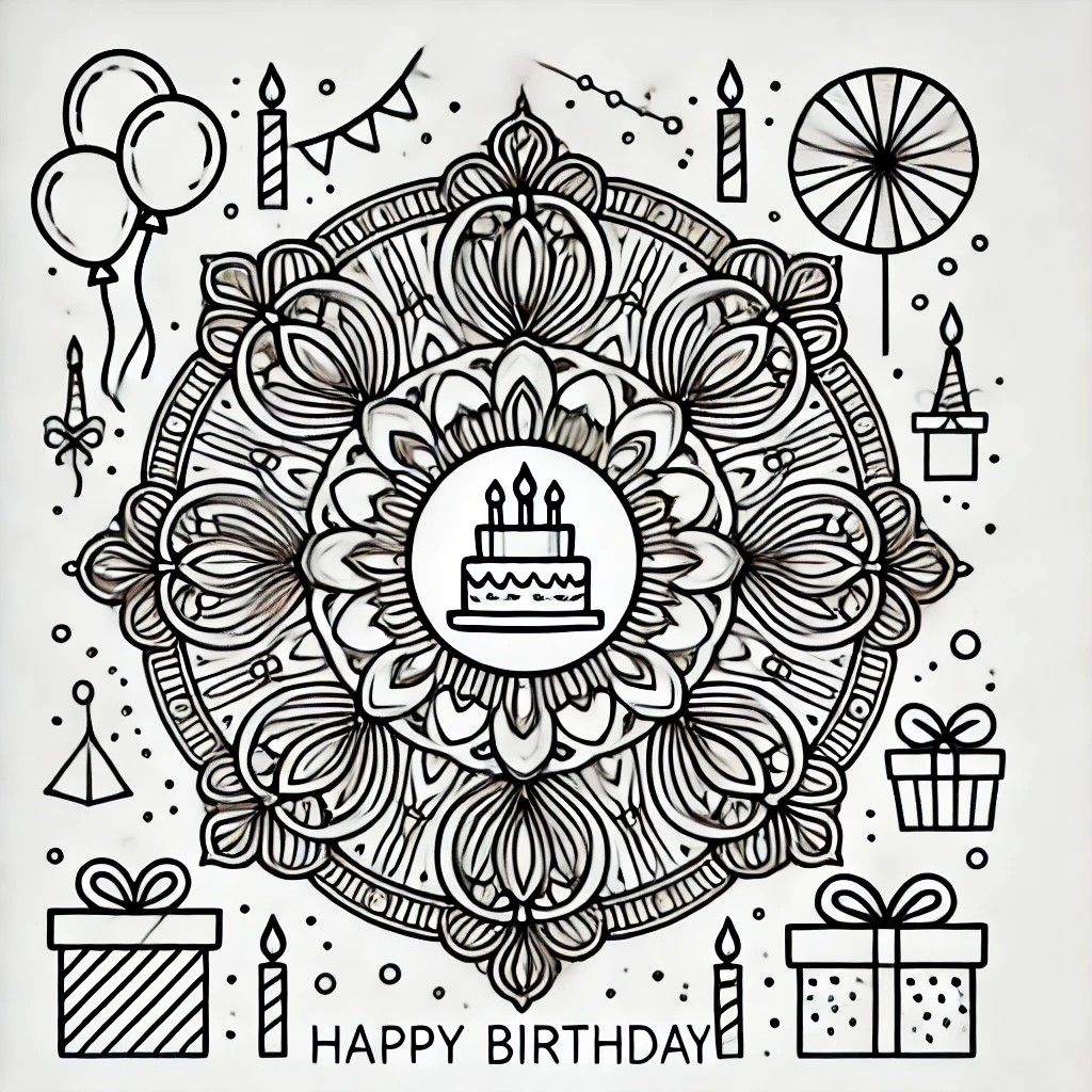 Intricate birthday mandala featuring presents, party hats, and streamers arranged symmetrically.
