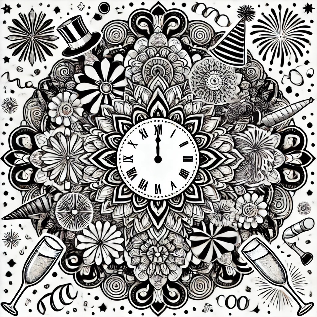 Detailed New Year mandala design with the words Happy New Year surrounded by clocks, fireworks, and confetti.