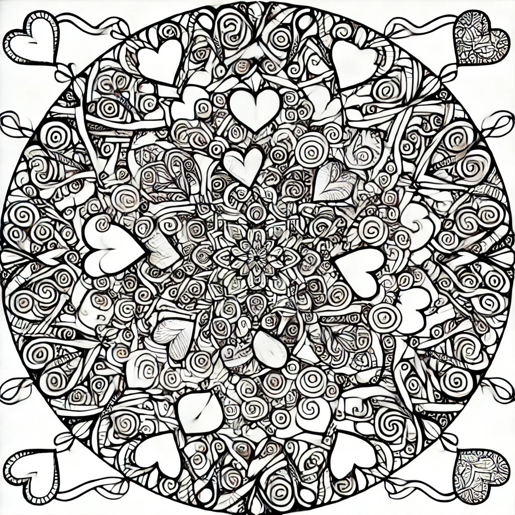 Black and white Valentine’s Day mandala with hearts, roses, and cupids in a circular pattern.