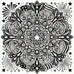 Independence Day mandala with bald eagle, fireworks, and red-white-blue motifs for coloring.