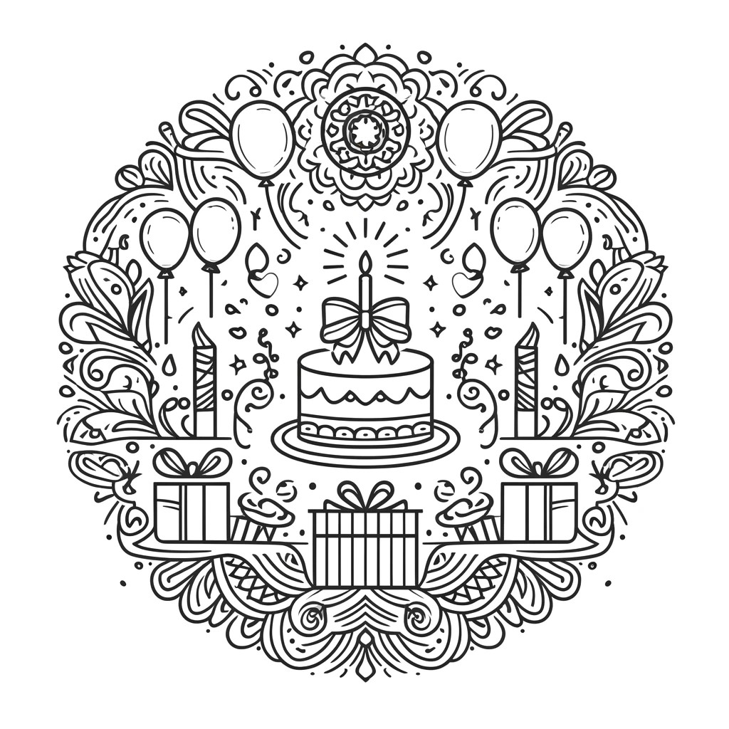 Intricate birthday mandala featuring presents, party hats, and streamers arranged symmetrically.