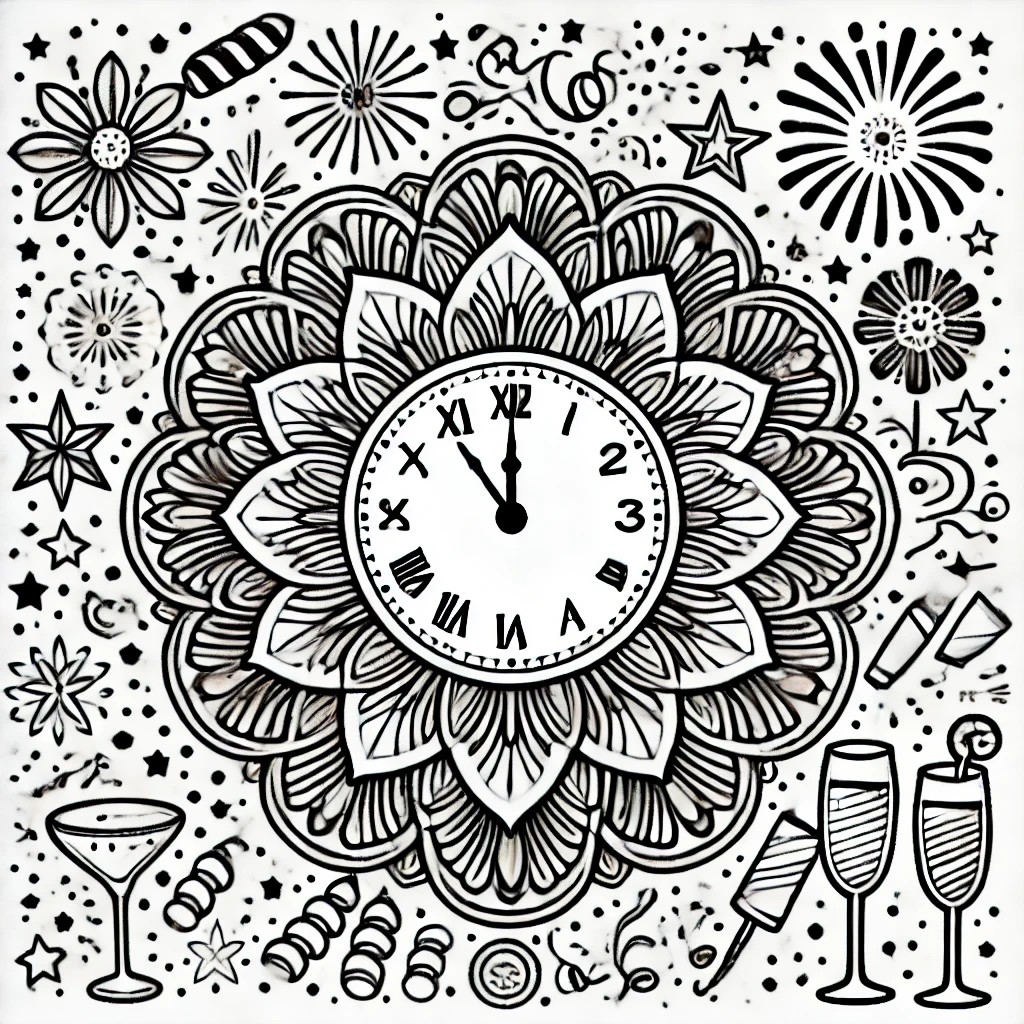 Black-and-white New Year mandala with festive elements including balloons, stars, and decorative swirls for kids and adults to color.